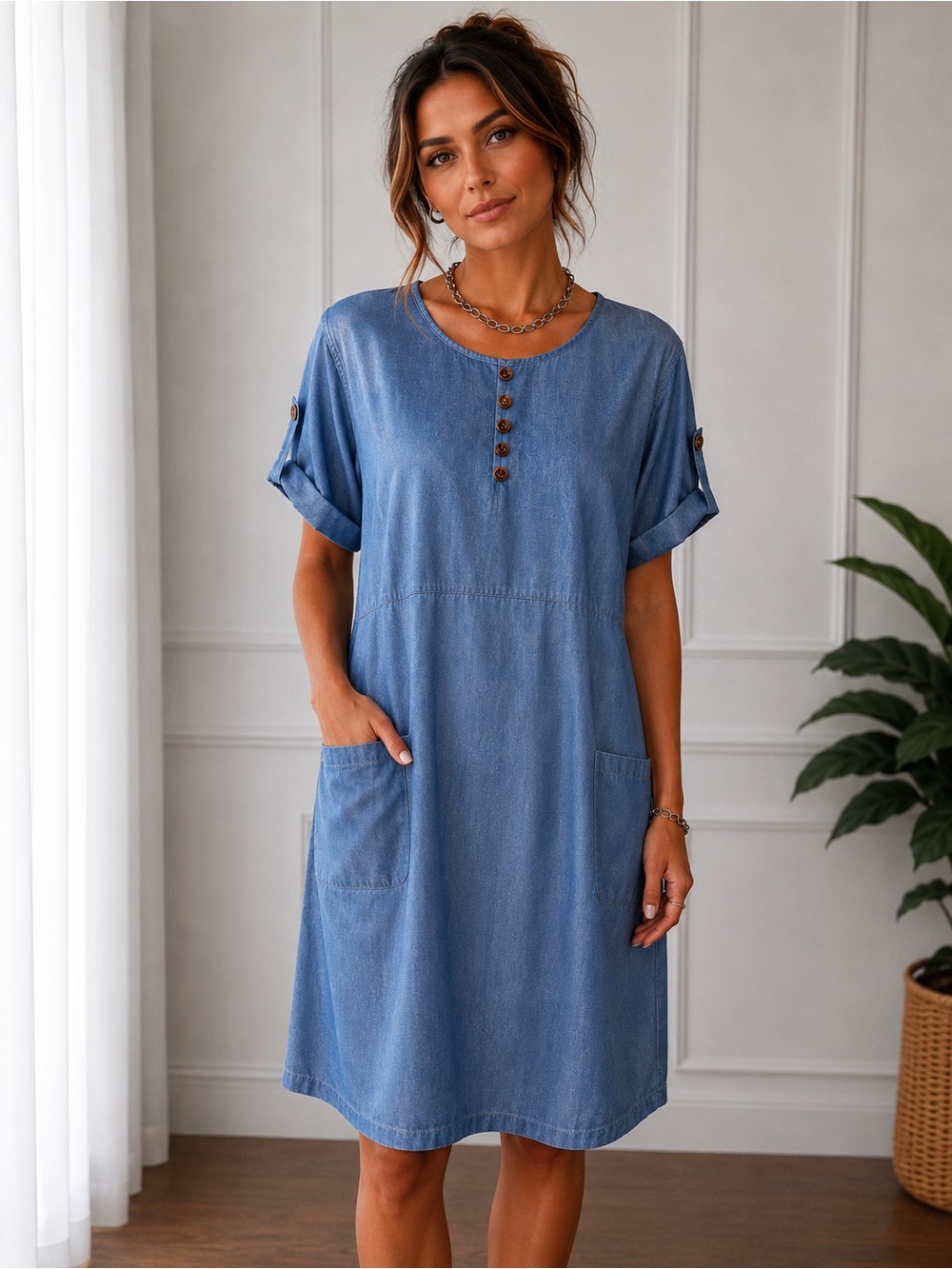 Casual Blue Short Sleeve Pocket Dress